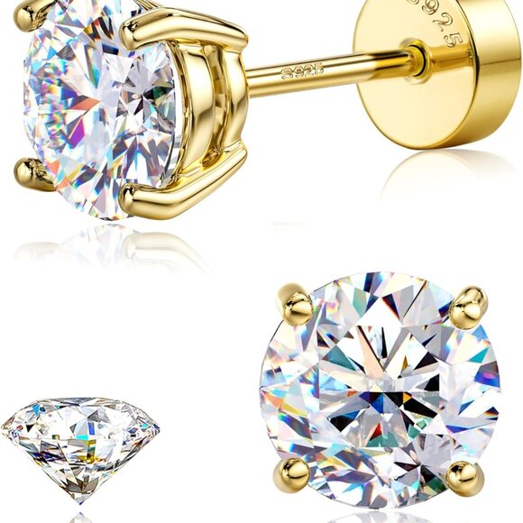 Dainty Moissanite Stud Earrings - 18K Gold Plated 925 Silver for Sensitive Ears